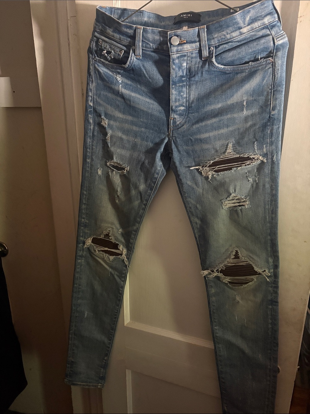AMIRI Light Blue Distressed Skinny Jeans